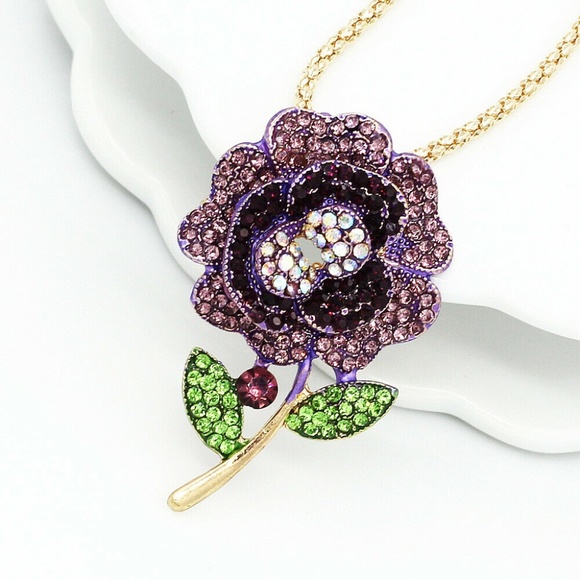 Purple Rhinestone Flower Necklace/Pin - Picture 1 of 4
